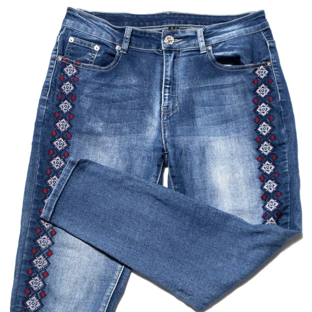 Embroidered Boho Western Jeans Women Skinny Stretch Denim Size 8